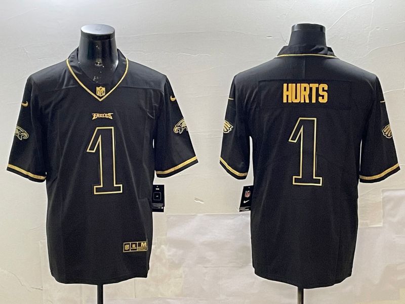 Men Philadelphia Eagles #1 Hurts Black gold Throwback 2025 Nike Vapor Limited NFL Jersey style 1